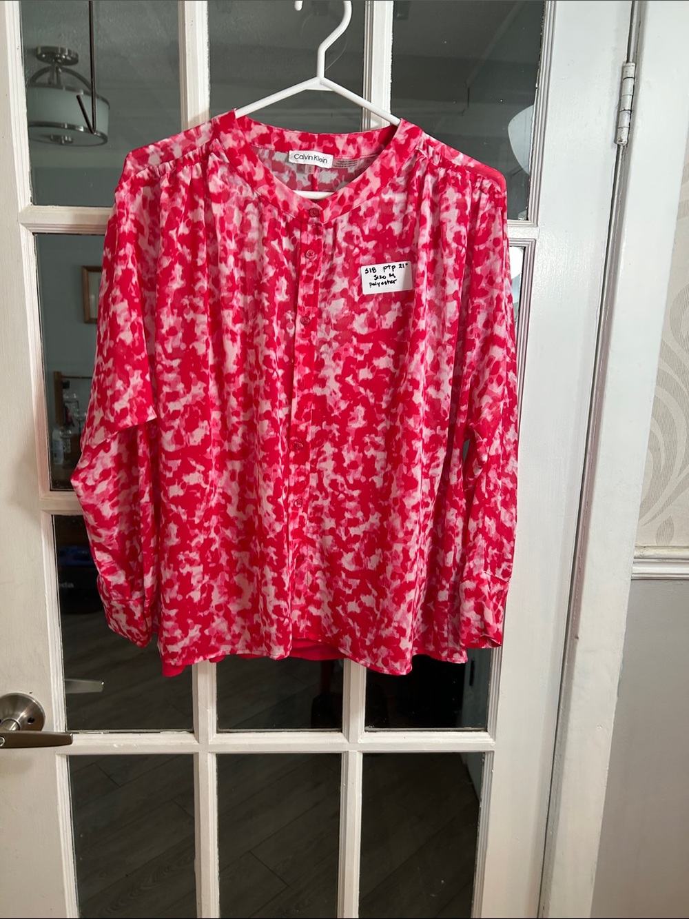 S18. Calvin Klein Pink & White Abstract Long-Sleeve Blouse